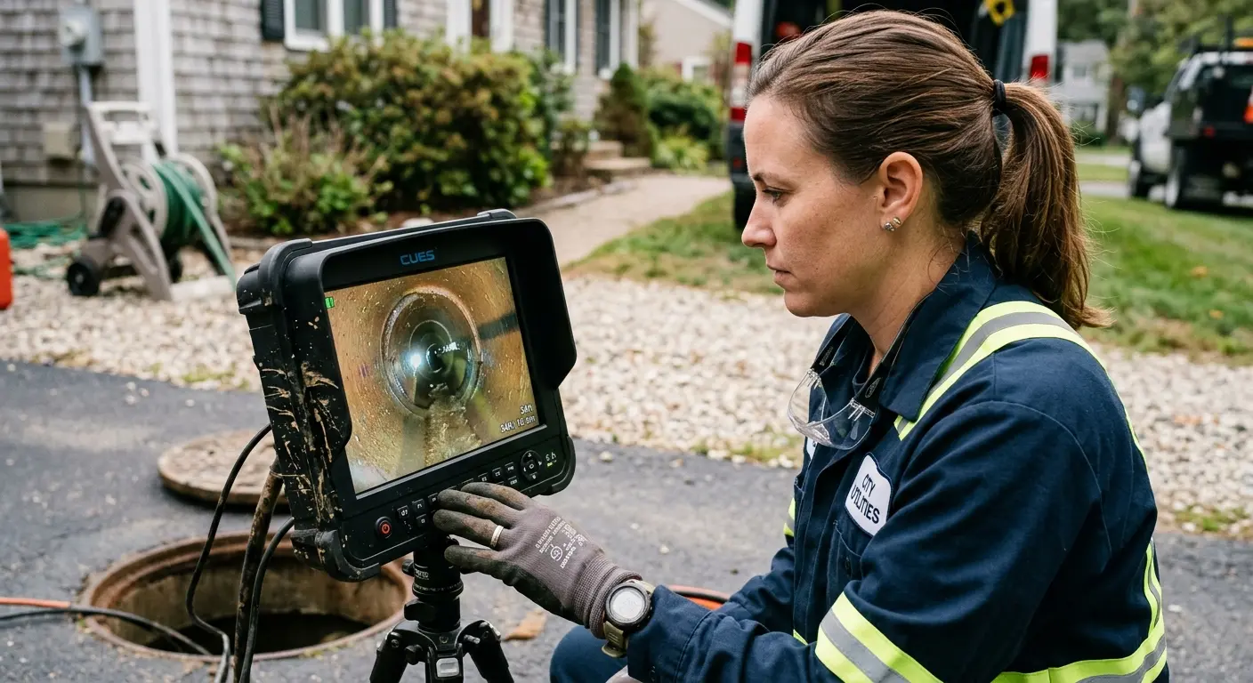 Technician reviewing sewer camera inspection footage in Kendall West