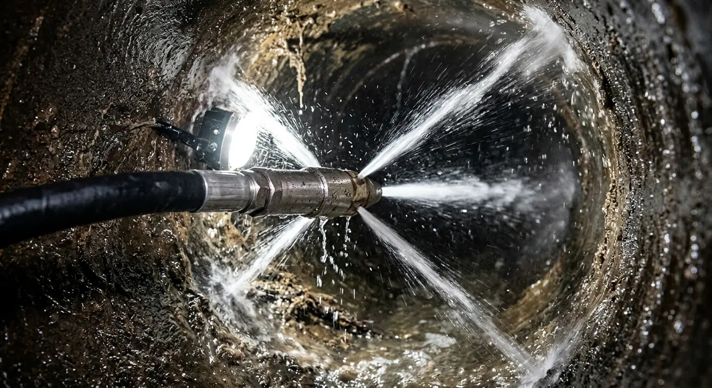 High-pressure hydro jetting nozzle cleaning sewer pipe for Emergency Drain Service in Kendall West