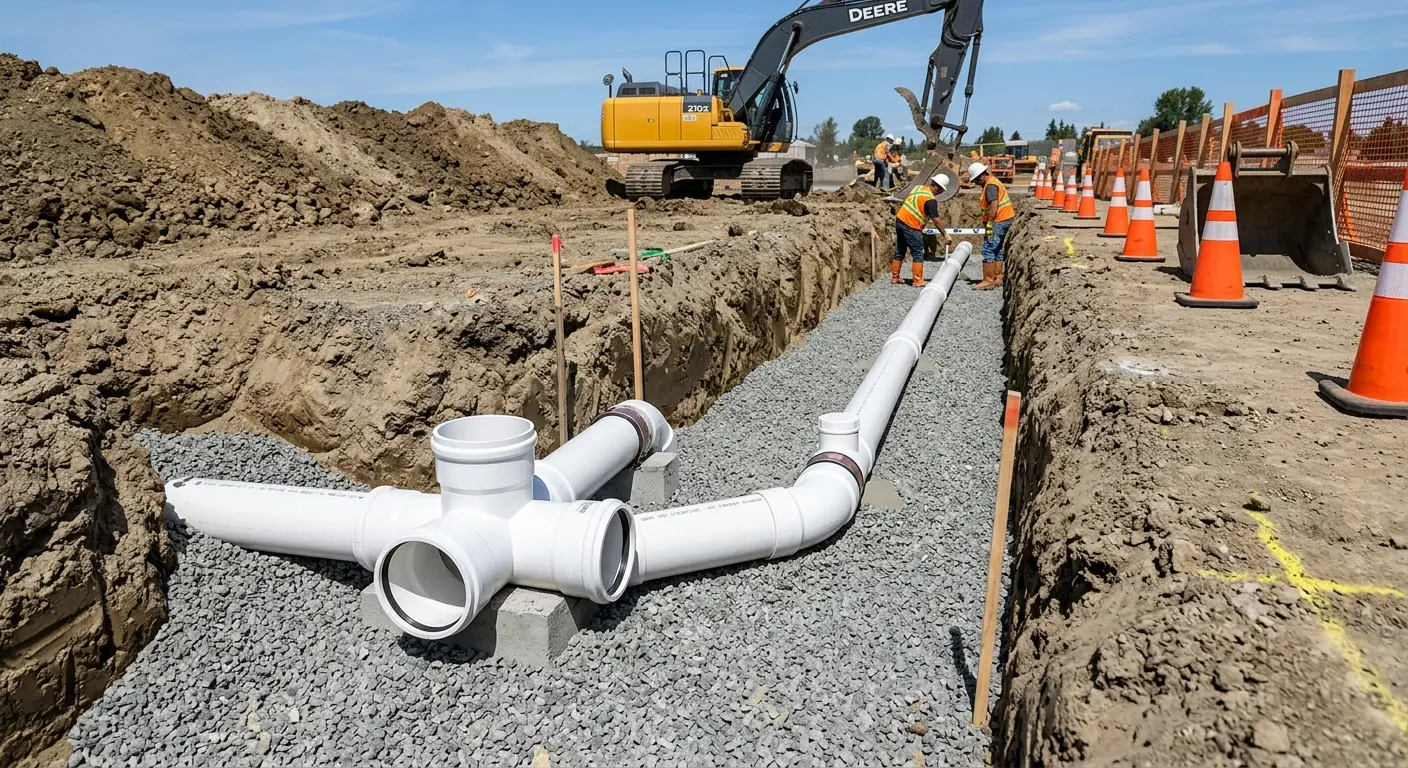 New PVC sewer pipe installation in open trench for Commercial Drain Cleaning in Kendall West