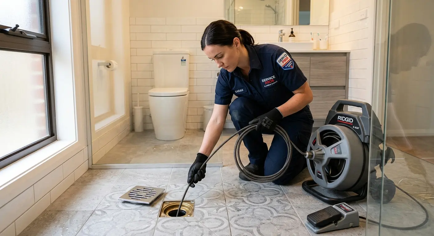 Technician clearing a bathroom floor drain for Sewer Line Installation in Kendall West